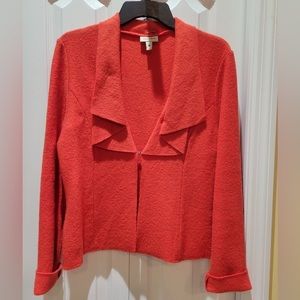 Venario boiled wool red jacket, ruffle collar, V neckline, one hook closure